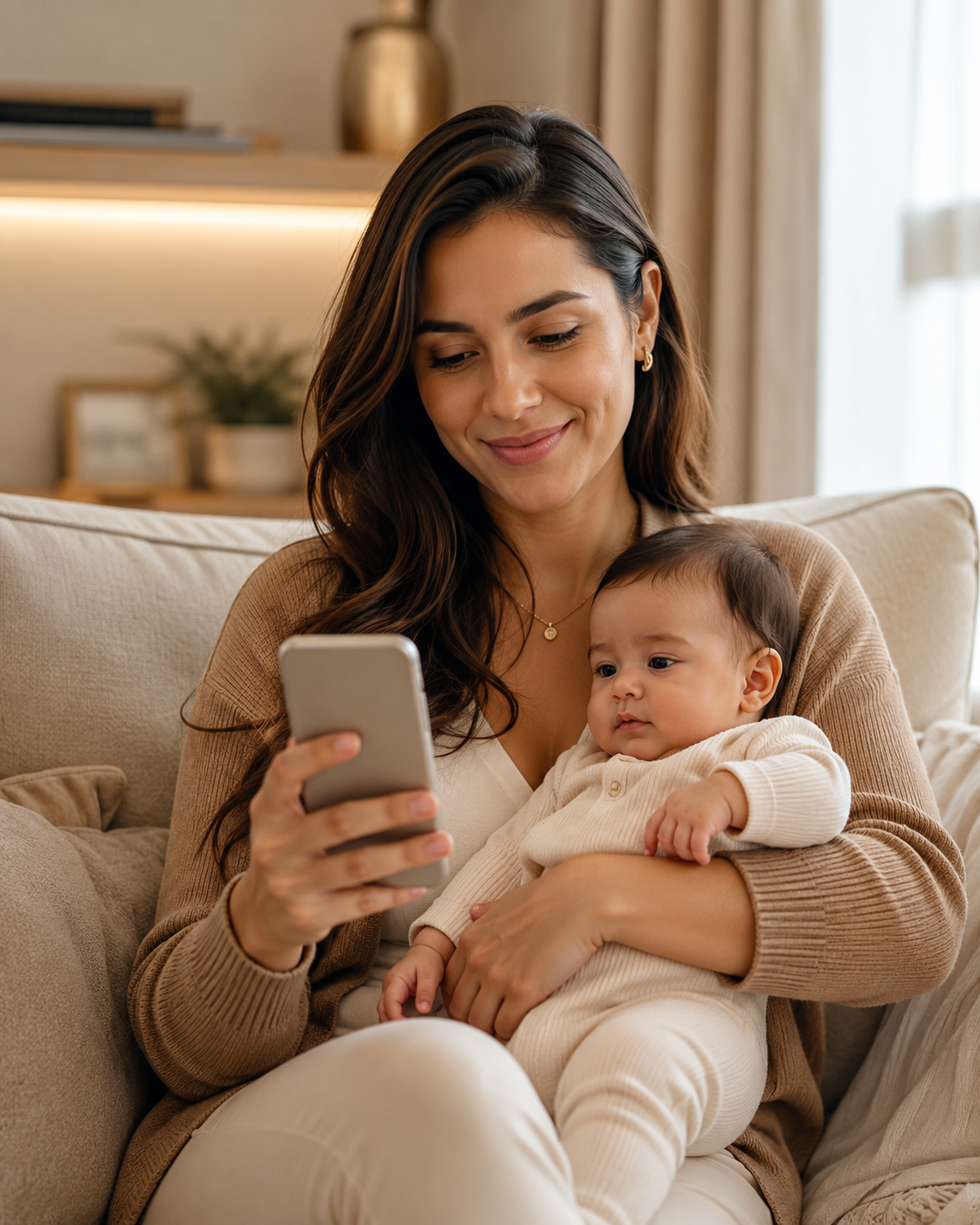 Mãe com bebê buscando informações sobre Salário-Maternidade