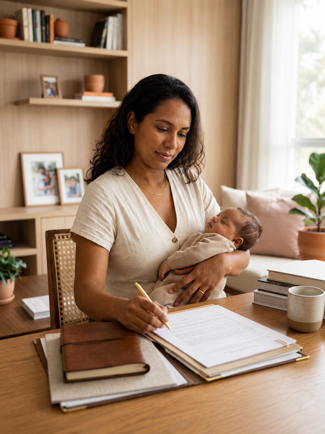 Mãe com bebê buscando informações sobre Salário-Maternidade