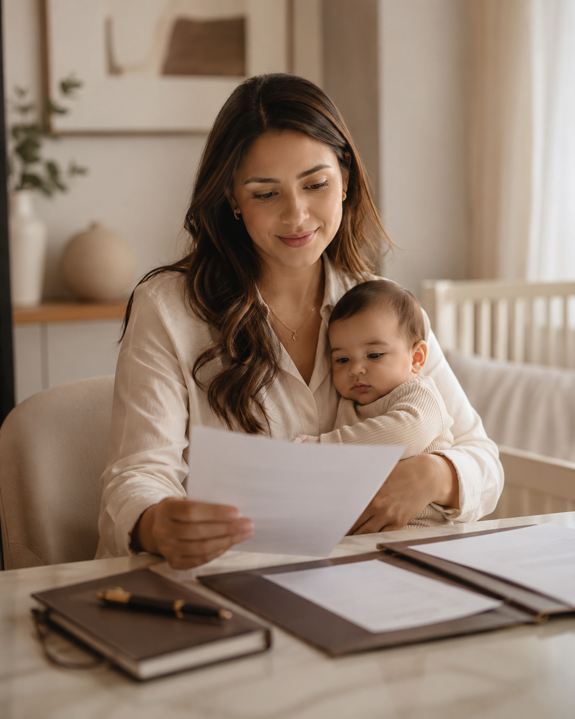 Mãe com bebê buscando informações sobre Salário-Maternidade